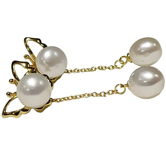 18K Gold Plated Reversible Butterfly With White Freshwater Pearl Dangle Earrings - Picture 7 of 14